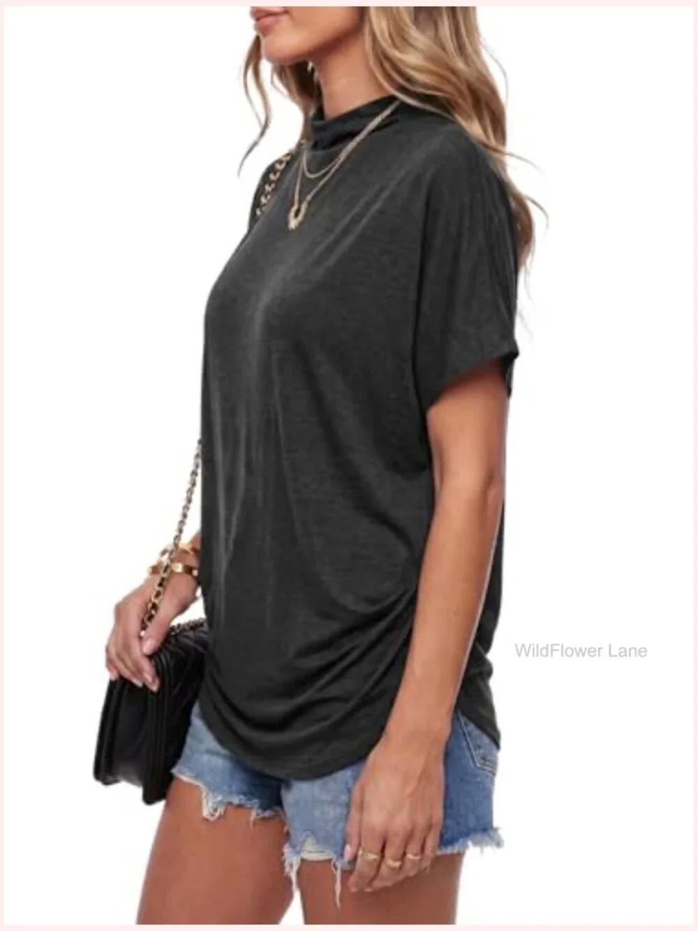 Mock Neck Batwing Short Sleeve Asymmetric Hem Blouse - Picture 4 of 7